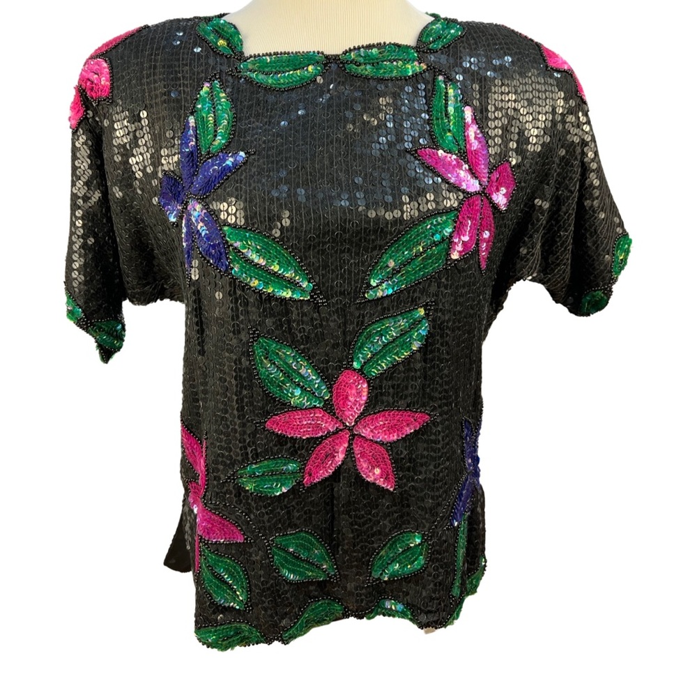 Vintage Sequin and Beaded Top, Black sequin with Hot Pink Flowers, Kelly Green
